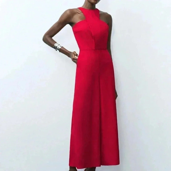 Red Elegant Women's Solid Color Open Shoulder Casual Summer Jumpsuit - Picture 5 of 7